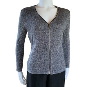 Calvin Klein Black White Marled Ribbed Zip Front Sweater Medium